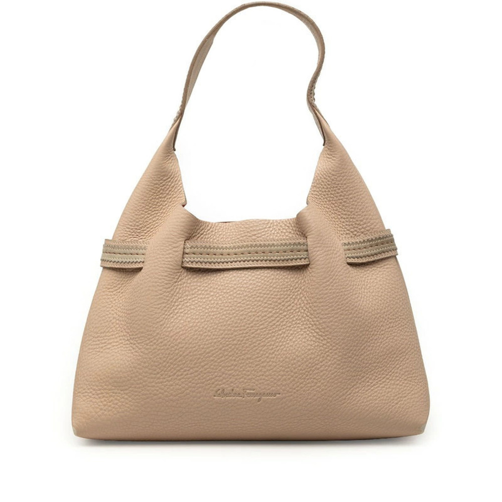 Salvatore Ferragamo Stitch Tote Bag Shoulder Beige Cream Leather